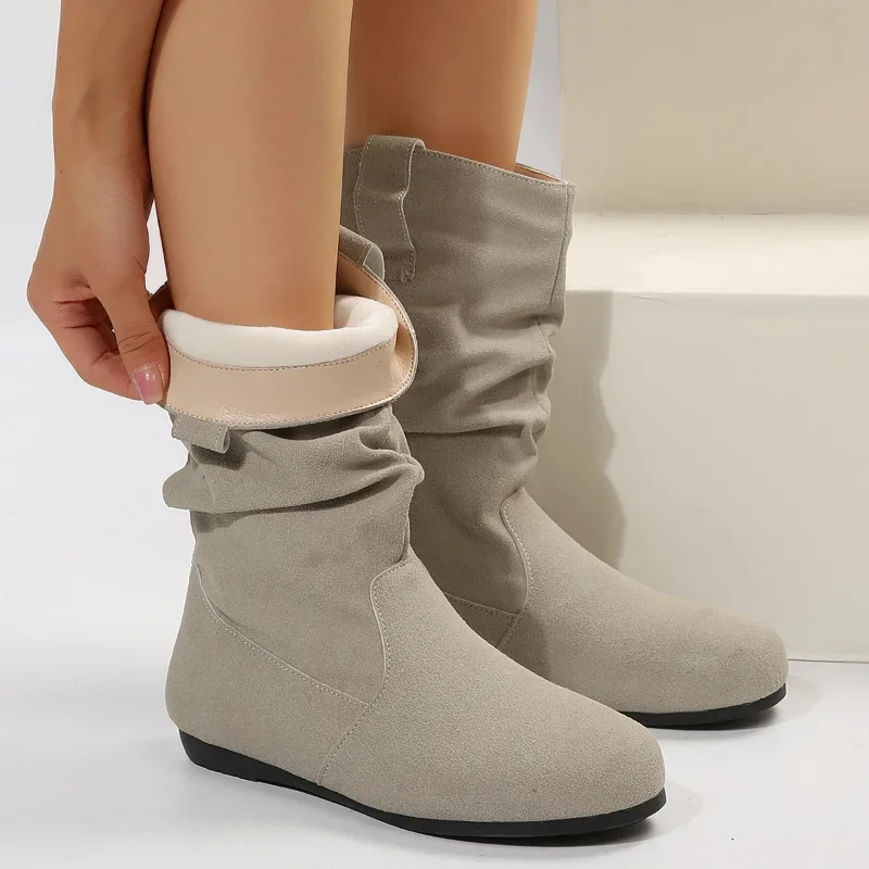 Women Flat Mid-calf Suede Ankle Boots Platform West Cowboy Shoes Round Toe Boot Autumn Designer Ladies Suede Botas De Mujer