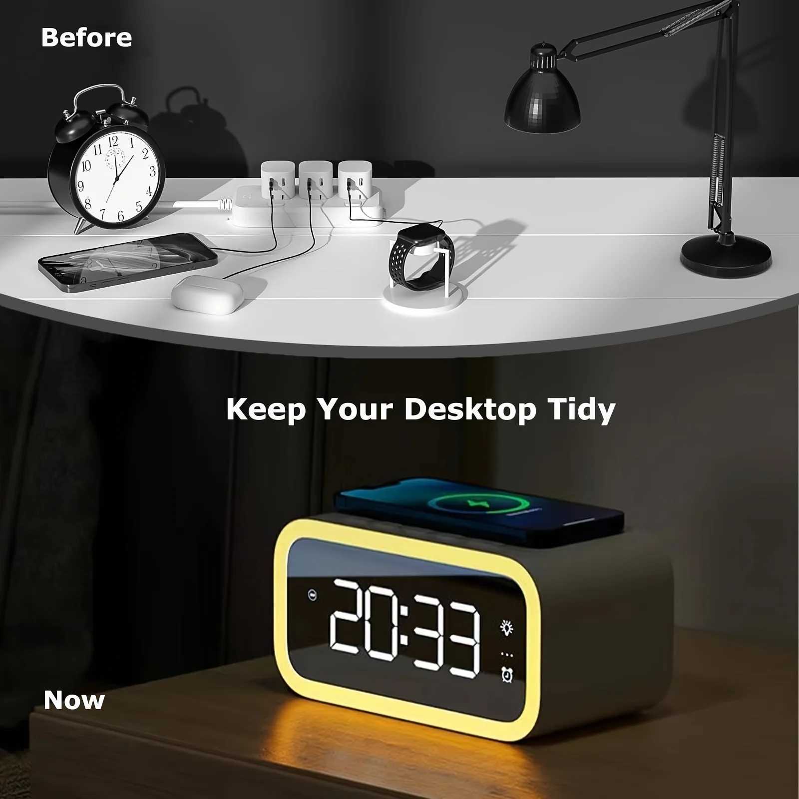 LED Large Screen Wireless Charging Alarm Clock Magnetic Fast Charging Wireless Clock Charger dimmable Alarm Clock Y240904