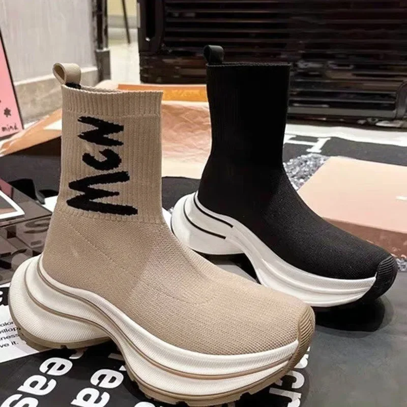 2025 Winter Chunky Heel Platform Stretch Boots Women Breathable Warm Ankle Boots for Women Light Non-slip Knitted Sock Boots