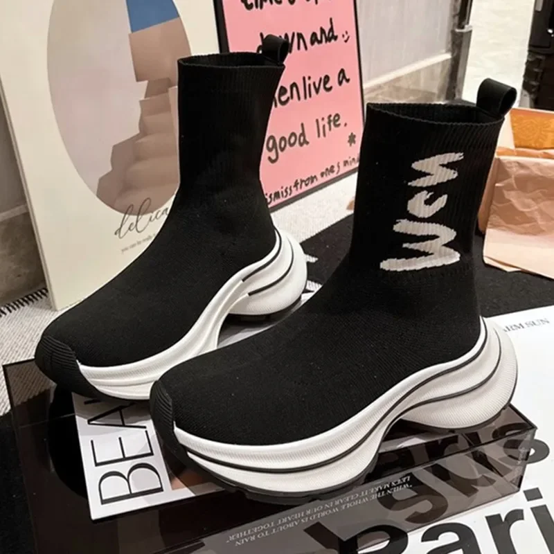 2025 Winter Chunky Heel Platform Stretch Boots Women Breathable Warm Ankle Boots for Women Light Non-slip Knitted Sock Boots