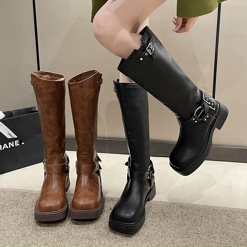 High Knee Women Fashion Slip on Ladies Low Heel Knight Boots New Autumn Winter Women's Biker Booties atos Mujer bf6f 's