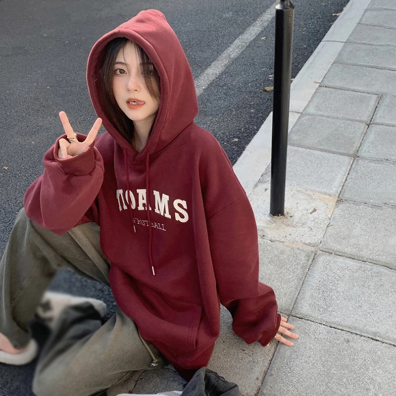 Womens hooded jacket with autumn and winter letter printing pockets loose casual fashionable long sleeved unisex mens 240814