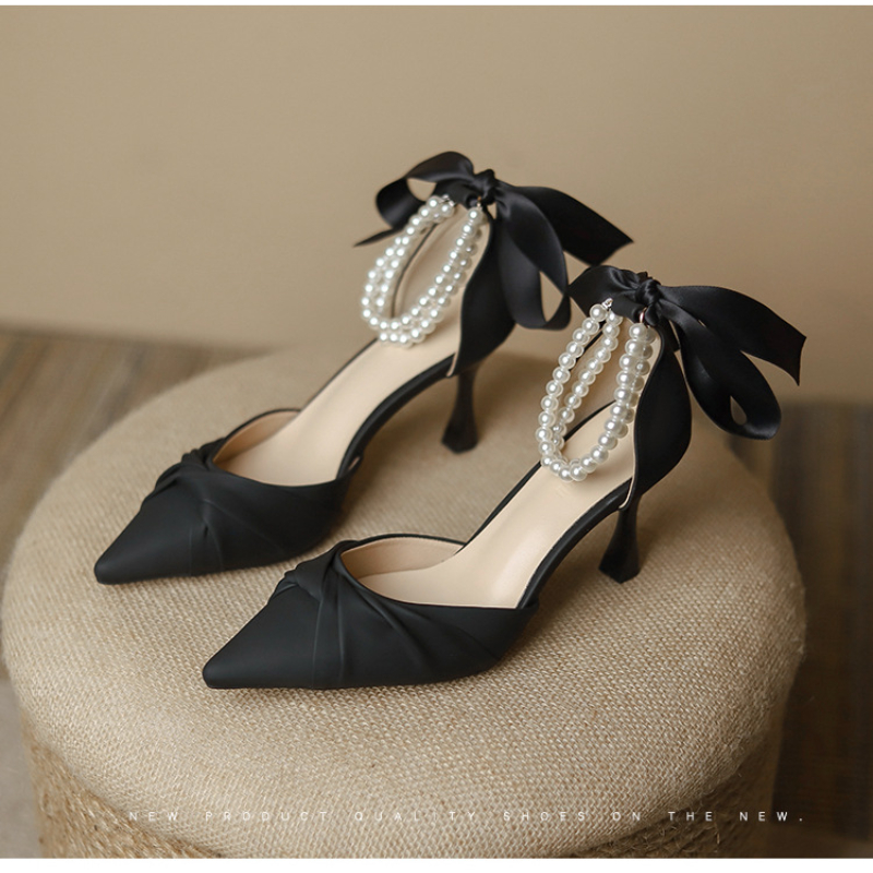 Silk Ankle Pearl White Design 8cm High Heels Women Pumps Stiletto Sexy Bow Strap Dress Wedding Bride Shoes Plus Size 2024