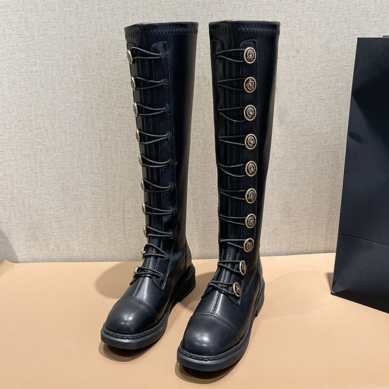 2025 Winter Stovepipe Long Boots Woman Knee High Motorcycle Shoes Lady Medal Button Stretch Tied Patchwork Leath 7f4e