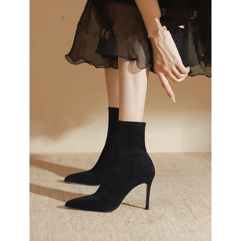 HOT Mid-barrel Boots Elastic Boots Pointed Toe Thin Heels For Women Mujer Black Ankle Stretch Fabric Winter High Heel Boots Rome