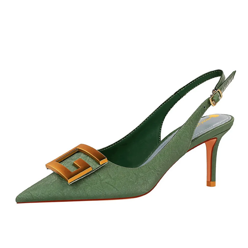 Fetish Women 7cm High Fashion Catwalk Outside Red Green Pumps Lady Metal Buckle Bride Heels Vintage Scarpins Design Shoes 6f2f