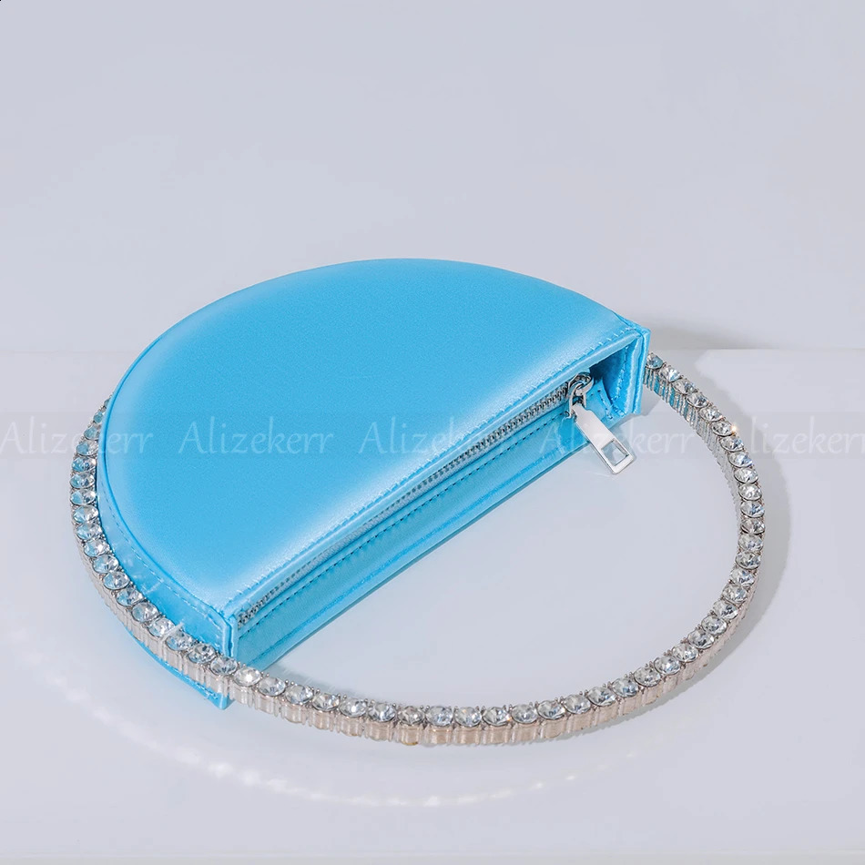 Circular Glittering Crystal Satin Evening Bags Women Metallic Handle Rhinestone Clutch Purses And Handbags Wedding Party 240903 - view 5