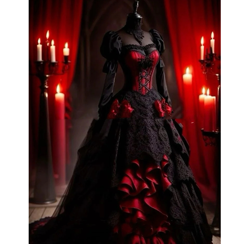 Gothic Black And Red Evening Dresses Long Sleeves Lace And Satin Tiered A Line Medieval Prom Dress For Women 2025 Ruffles High Neck Corset Masquerade 