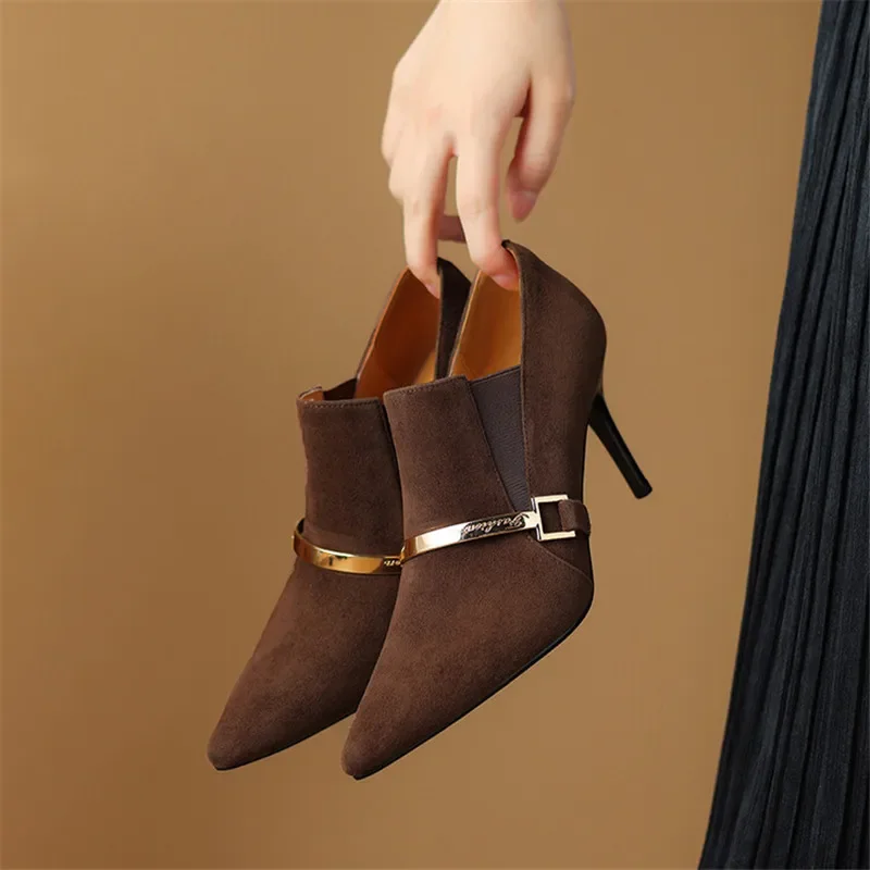 New 2024 Spring Sheep Suede Pointed Toe Pumps Shoes for Women Deep Mouth New Loafers High Heels atos De Mujer 8f97