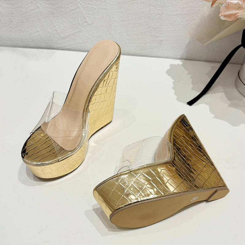 PVC Liyke Transparent Shoes For Women Platform Wedges Slippers Wide Band Round Head Open Toe Gold High Heels Summer Sandals e4fe e58
