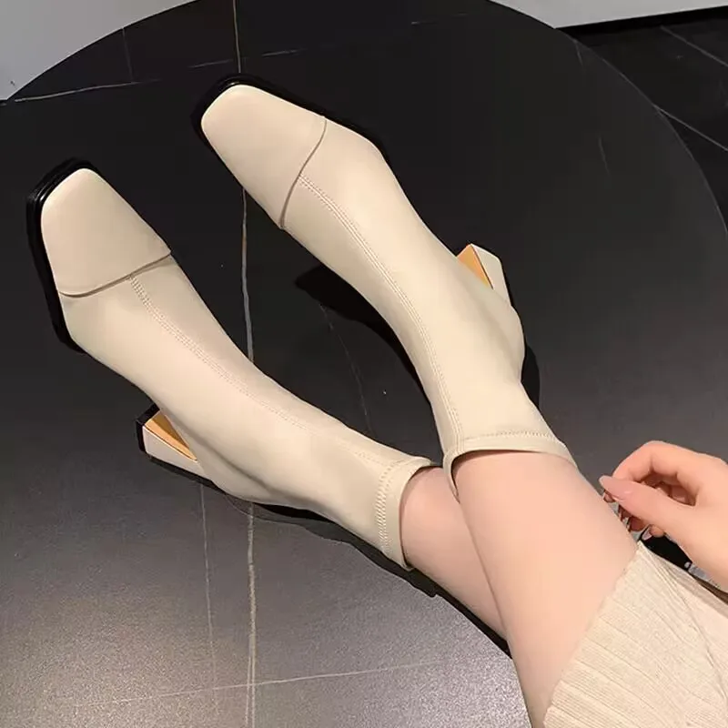 Ankle Boot New Women Winter 2024 Black Sexy Square Head Low Heel Shoes Footwear Zip Comfy Short Boots White Stretch Tight Boots