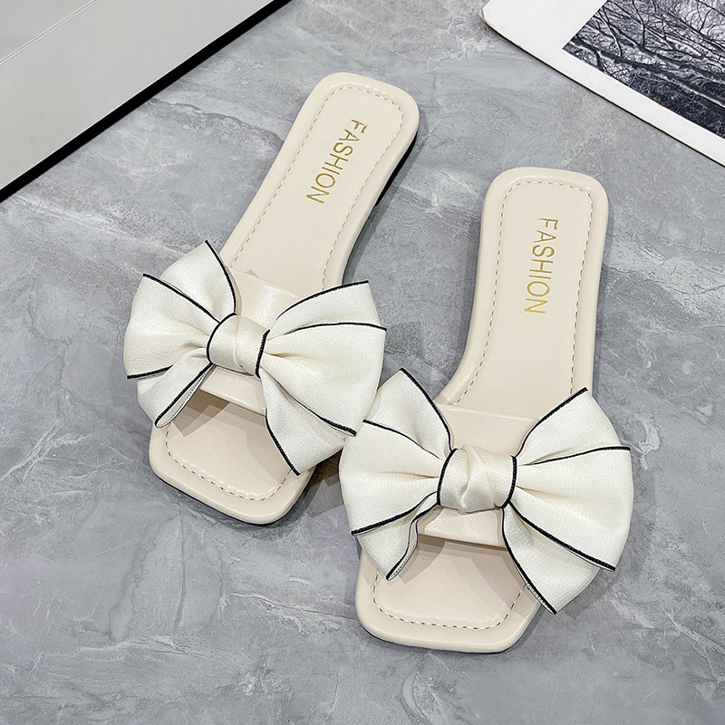 New 2024 Butterfly Knot Summer Beach Shoes Flat with Heel Slippers Women Sweet Bow Mulers Outside Sandals Square Toe Slipper b231