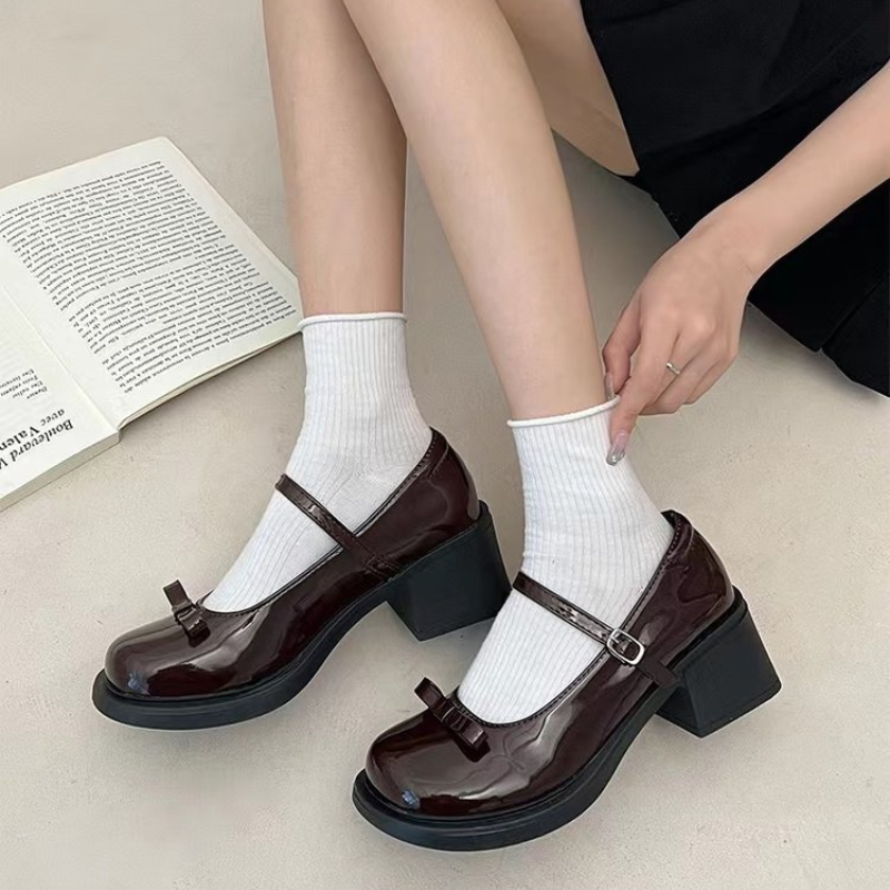 2025 new Jane Mary Vintage Bow Black Pumps Woman Buckle Non-Slip Casual Medium Heels Office Ladies Solid Elegant Dress Shoes 1af2