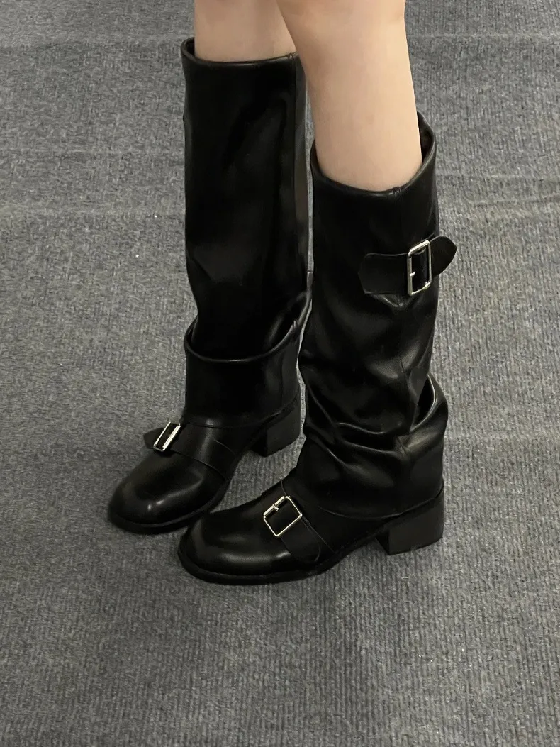 Quality Women Shoes Trendy Boots Vintage New Simple Design Clunky Heel Fashion Black