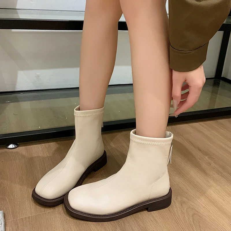 Shoes White Mid-Calf Boots Silver Boots-Women Low Leather Mid Calf Pointy Rock Ladies Autumn 2024 Rubber Pointed Toe Slip-On Ro