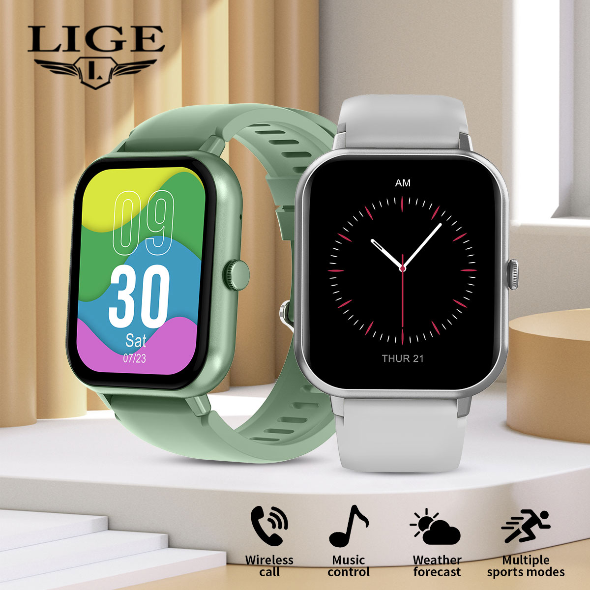 LIGE 1.82-inch Square Color Screen Smart Watch Multi functional Waterproof Step Counting Alarm Clock Wireless Call Health Monitoring Message Push Watc