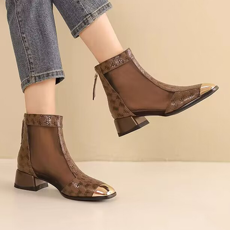 Black Mesh Breathable Women Thick Heel Ankle Boots Fashion Patchwork Print Close Toe Shoes 2024 Autumn Ladies Square Heel Pumps