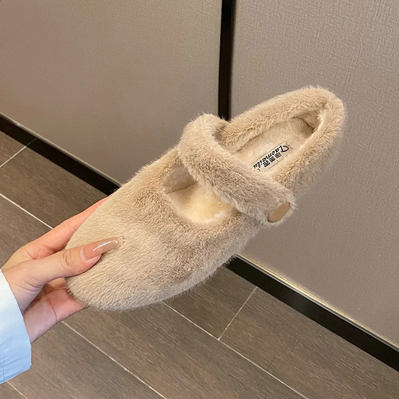 Rabbit Fur Mary janes shoes woman round toe ankle strap furry loafers 34-43 big size warm plush winter shoes female cotton flats 240903