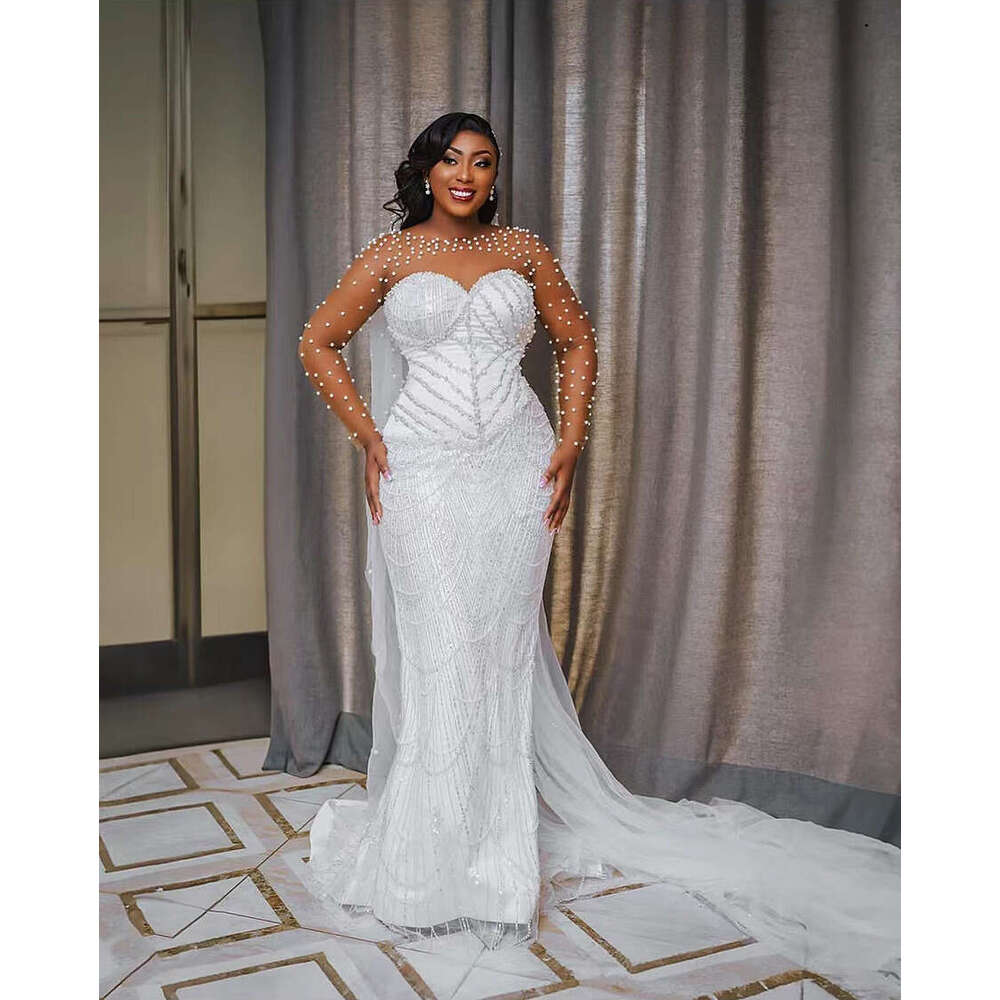 Plus Size Pearls Mermaid Wedding With Detachable Train Beaded Sequined Bridal Gown Long Sleeve Robe De Mariee