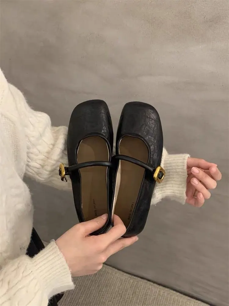 2025 new Black French Square Toe Flat Single Shoes Women's New Summer Mary Jane Shoes zhanyishengli