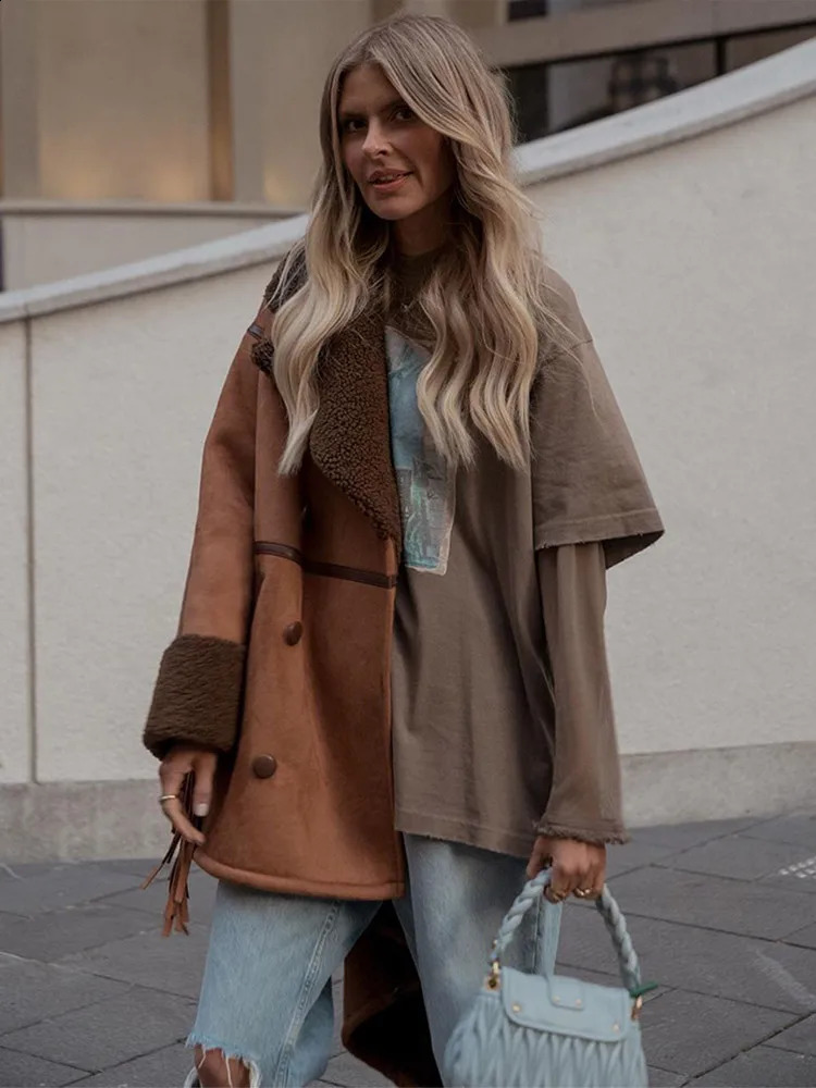 Chic Tassels Patchwork Women Winter Warm Jackets Fashion Lapel Long Sleeve Doublebreasted Coats 2024 Female High Street Outwear 240903