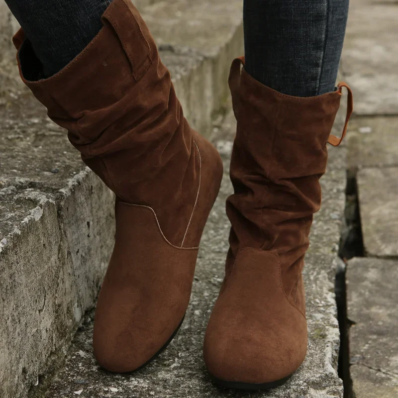 Women Flat Mid-calf Suede Ankle Boots Platform West Cowboy Shoes Round Toe Boot Autumn Designer Ladies Suede Botas De Mujer