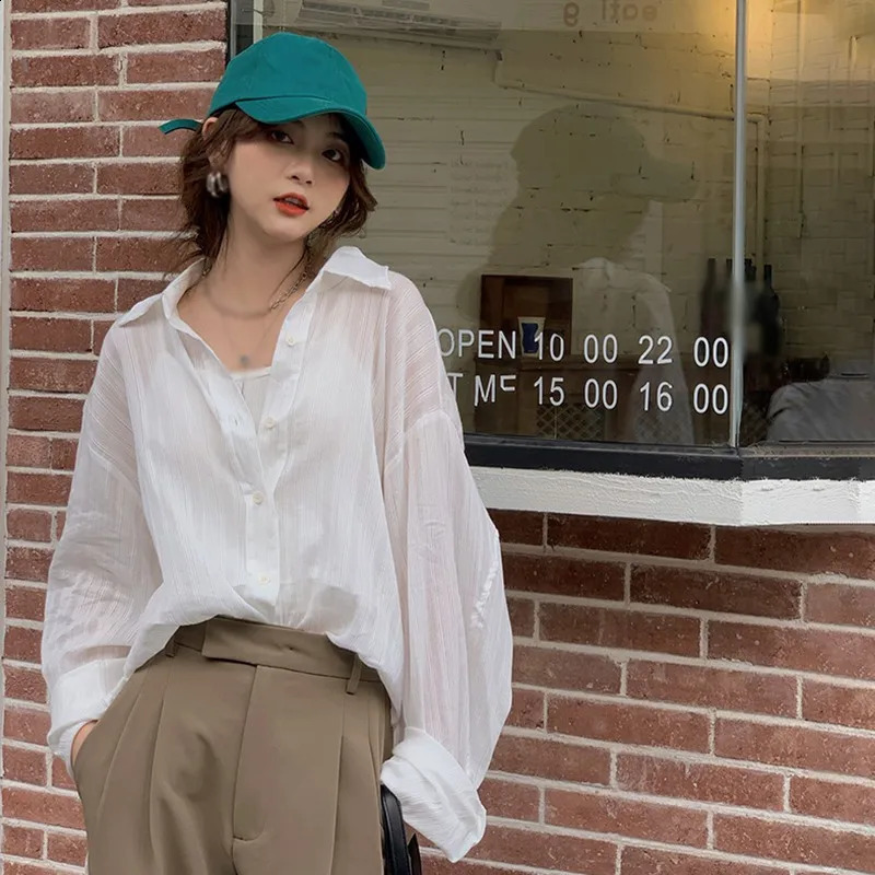 White Sunscreen shirt cool texture long sleeved cardigan summer loose casual lazy style solid color 240814