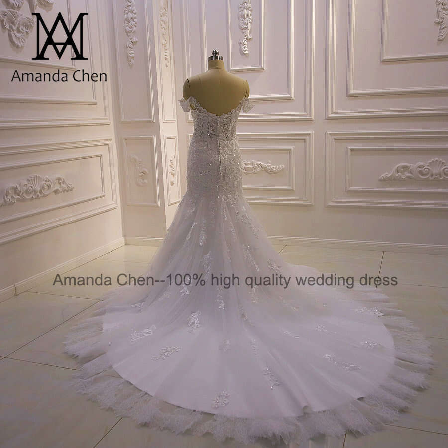High Quality Custom Made Off Shoulder Mermaid Sheer Wedding Dress