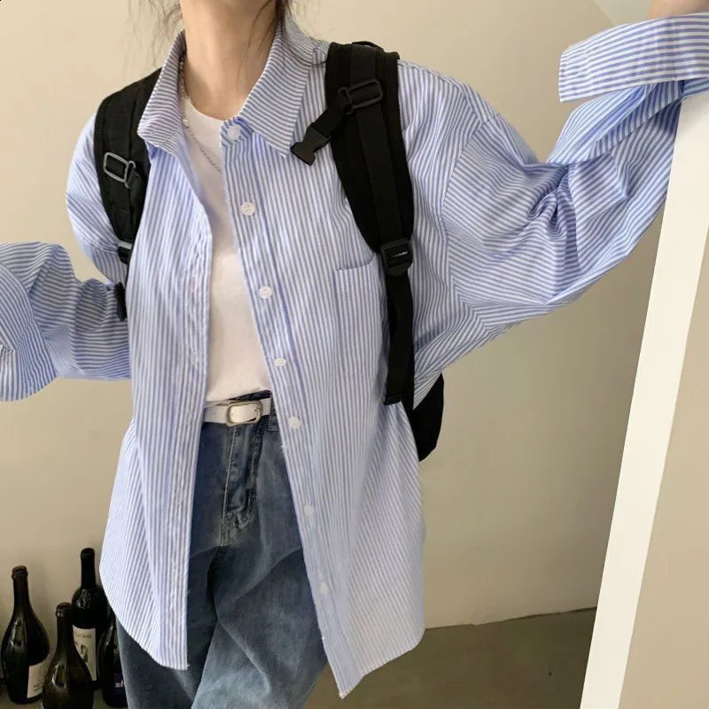 Blue striped long sleeved womens spring and autumn style loose button lapel top casual simple matching shirt 240814