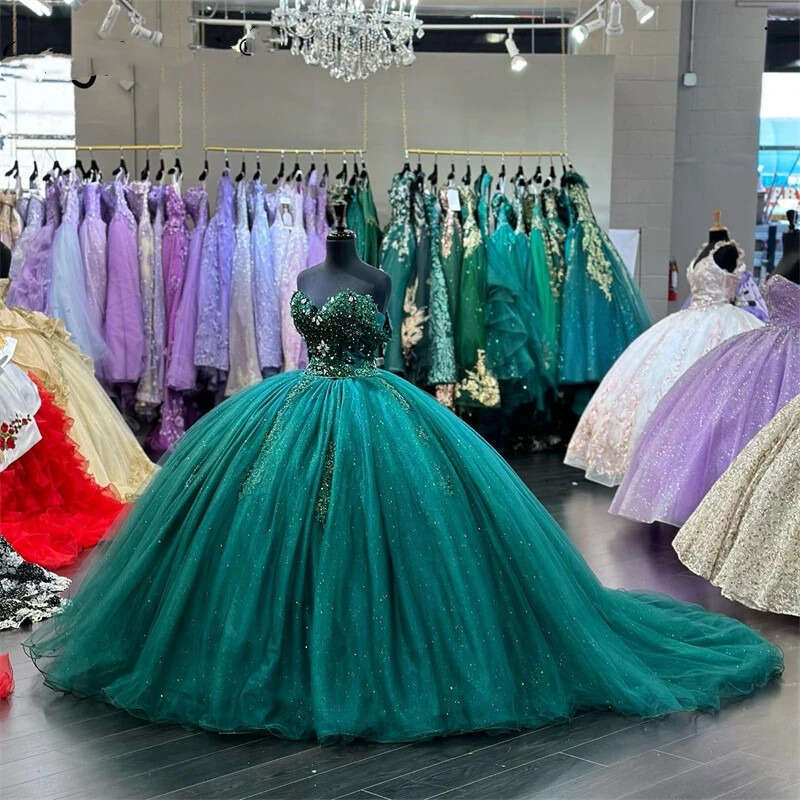 Green Modern Princess Emerald Quinceanera Dresses Crystals Appliques Vestidos De Anos Corset Dress For Years
