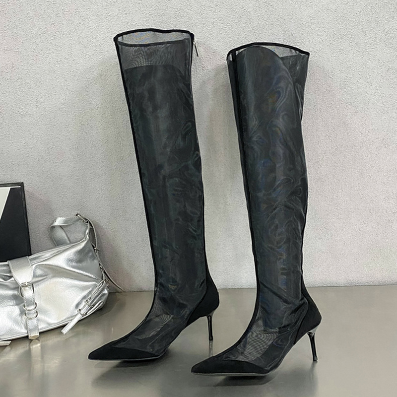 Liyke Sexy Pointed Toe Party Stripper Thigh High Boots Women Low Thin Heels Spring Autumn Zip Mesh Over The New Knee Shoes Booties
