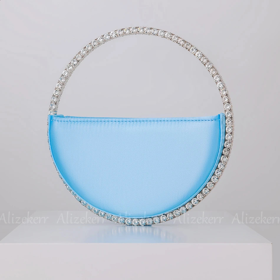 Circular Glittering Crystal Satin Evening Bags Women Metallic Handle Rhinestone Clutch Purses And Handbags Wedding Party 240903 - view 3