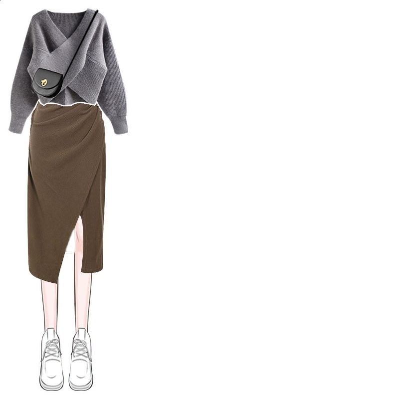 Two Piece Dress heeylace Women Spring Pieces Sets Korean Long Sleeve Pullover Knitted Sweater And Ruffles Patchwork Mesh Suit 220906