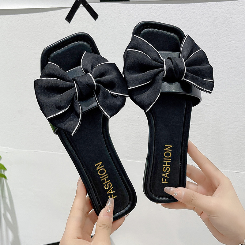 New 2024 Butterfly Knot Summer Beach Shoes Flat with Heel Slippers Women Sweet Bow Mulers Outside Sandals Square Toe Slipper b231