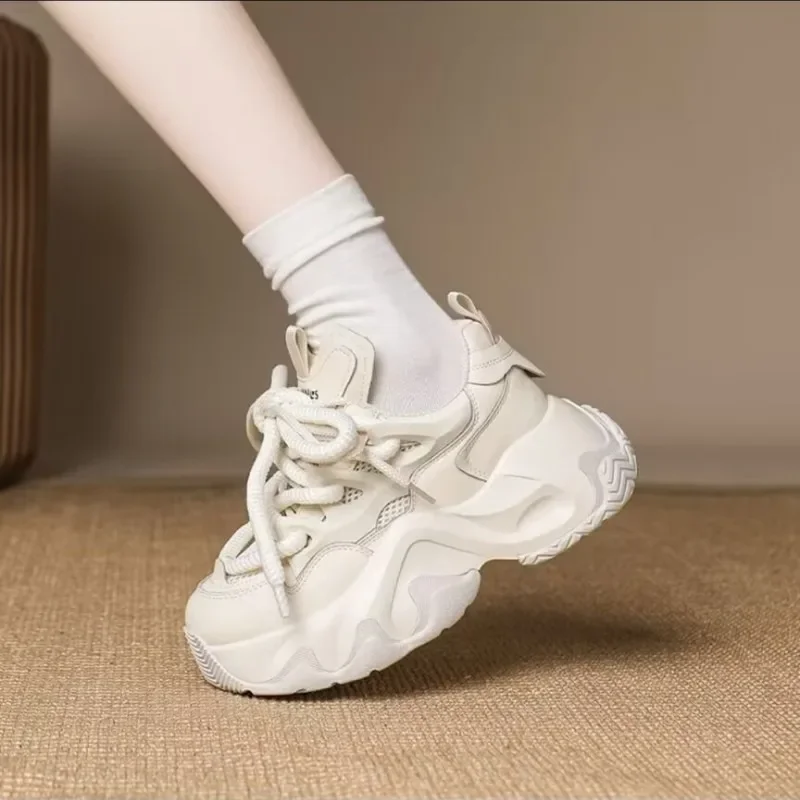 Women's Sneakers New Style Fashion Thick Soled Lace Up Soft Sole Comfort Anti Slip Height Increasing Round Toe Shoes 2024