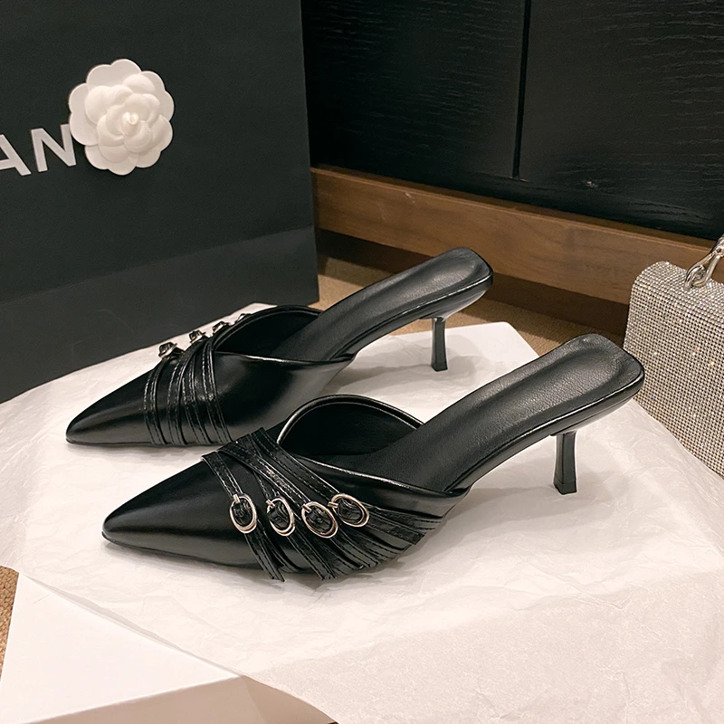 Heels New Pumps Slippers For Ladies Shoes Female Fashion Buckle Pointed Toe Heeled Women Mules Slides Sandals 93cc