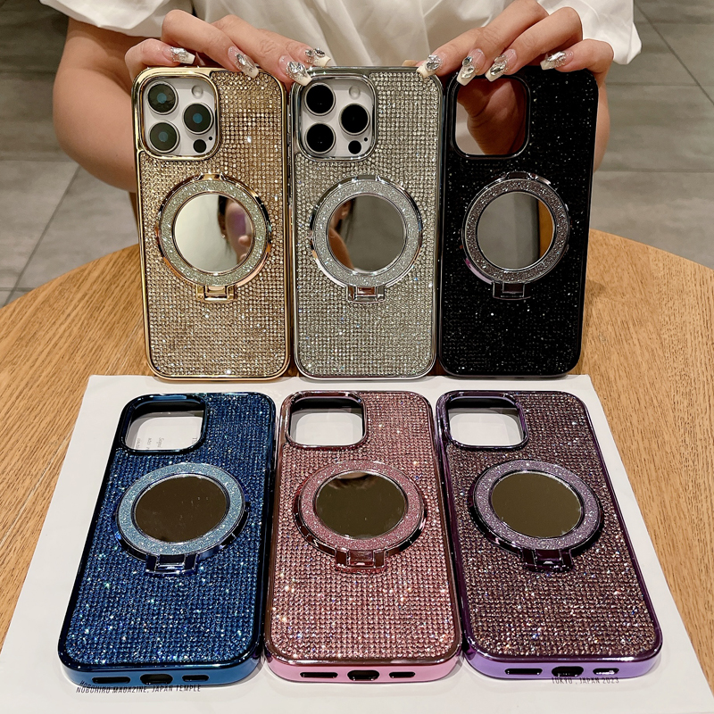 Luxury Bling Glitter Plating Full Diamond Magnetic For Magsafe Grip Make Up Mirror Hide Bracket Ring Stand Shockproof Case for iPhone 12 13 14 15 16 P