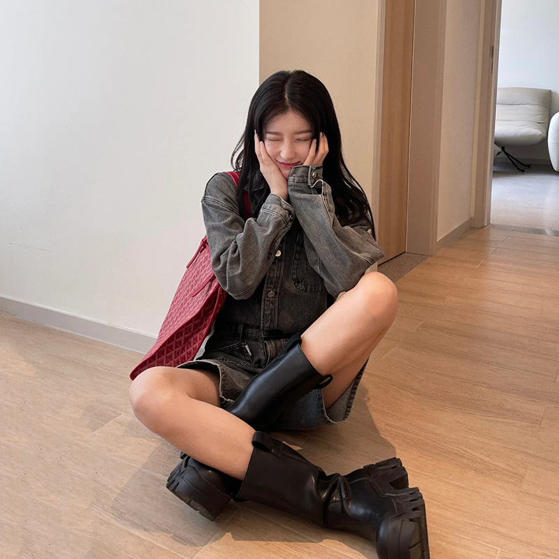 Mid Calf NEW Women Platform Ladies Leather Chunky Winter Shoes Thick Heel Brand Designer Motorcycle Boots 5c97