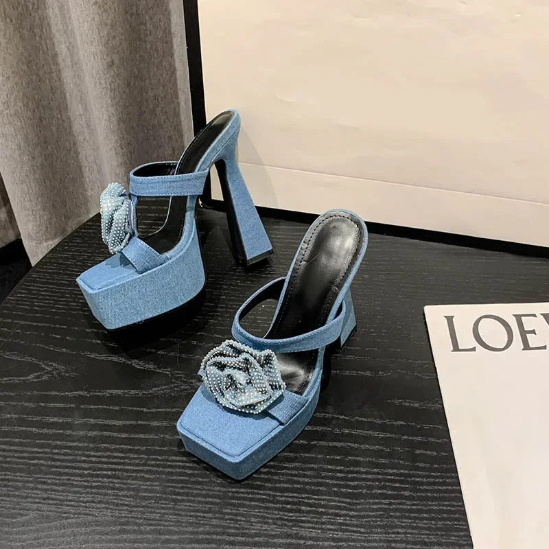 2024 New Denim Blue Crystal Rose Flower Women Slippers Summer Design Chic Peep Toe 14cm Square Heels Gladiator Sandals Shoe
