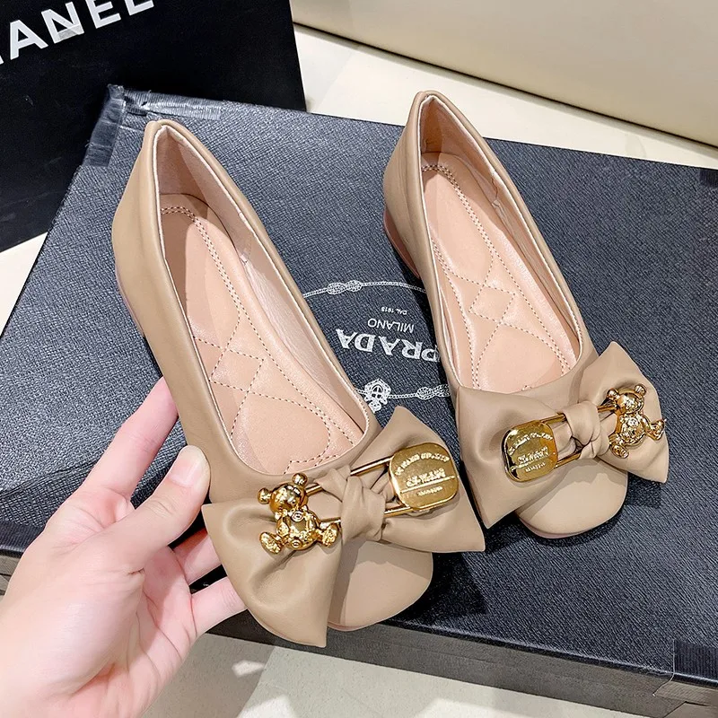 Sweet Butterfly-knot Design Women Flats Solid Color Leather Woman Shoes Ladies Soft Sole Square Toe Slip-on Casual Shoe