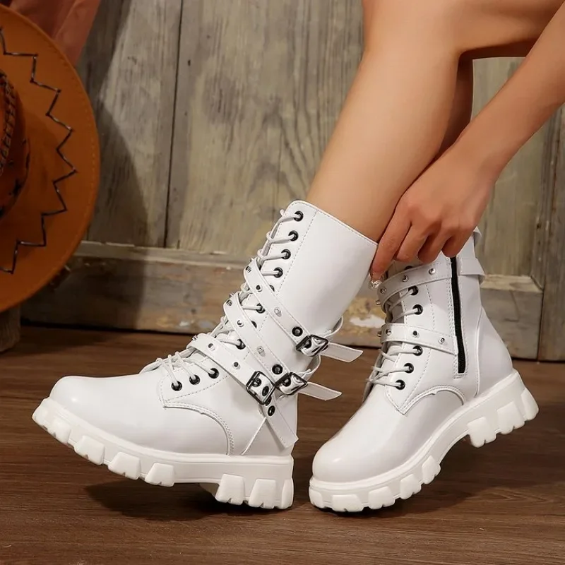 Mid New Calf Women Autumn Winter Fashion Lace-up Zipper Botas Mujer Sports Platform Heel Ladies Shoes Knee High Boots 4880
