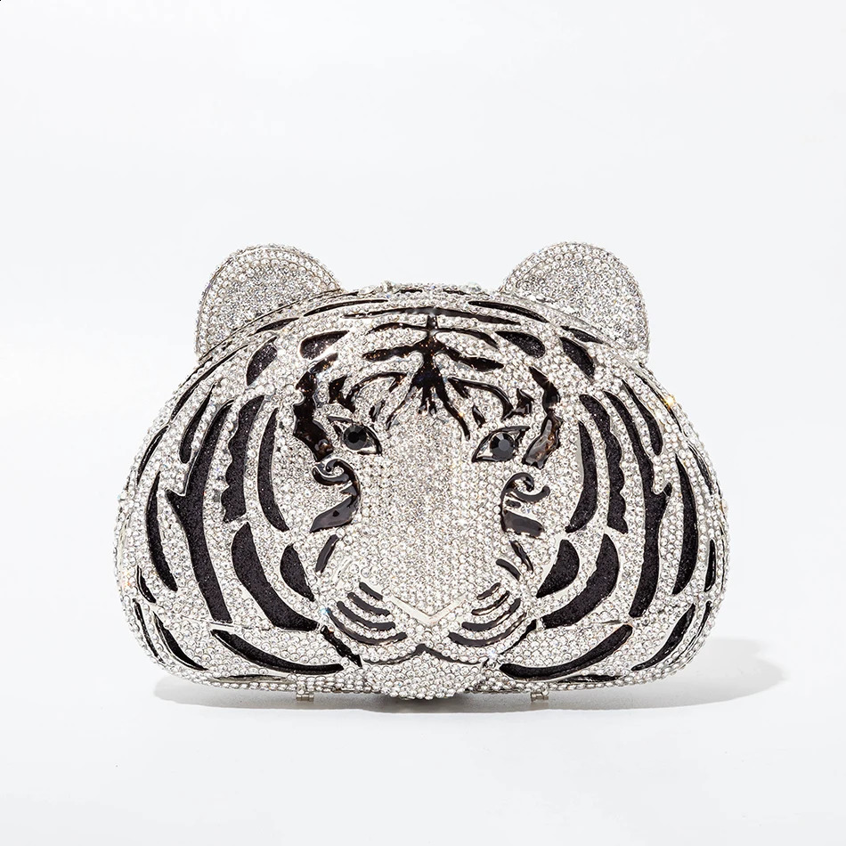 Three-D Tiger Head Crystal Evening Clutch Bags For Wedding Party Metal Rhinestone Novelty Purses And Handbags er 240903