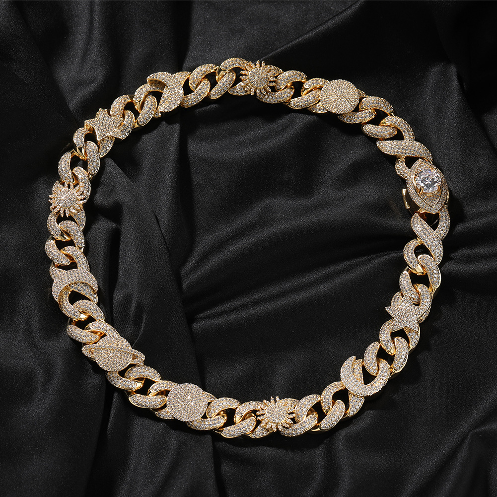 16mm Hip Hop Sun Star Eye Moissanite dias Cuban Chain Necklace Bracelets Gold Plated 5A Zircon Men Jewelry Set for women men