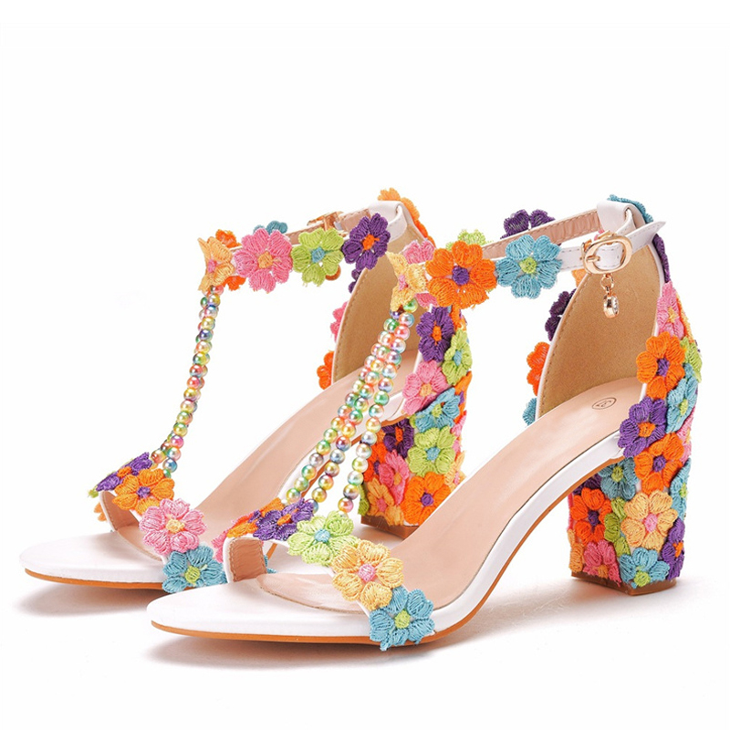 Liyke Mixed Color Flowers Low Square High Heels Summer Fashion String Bead Designer Sandal Women Cozy Open Toe Party Dress Shoes
