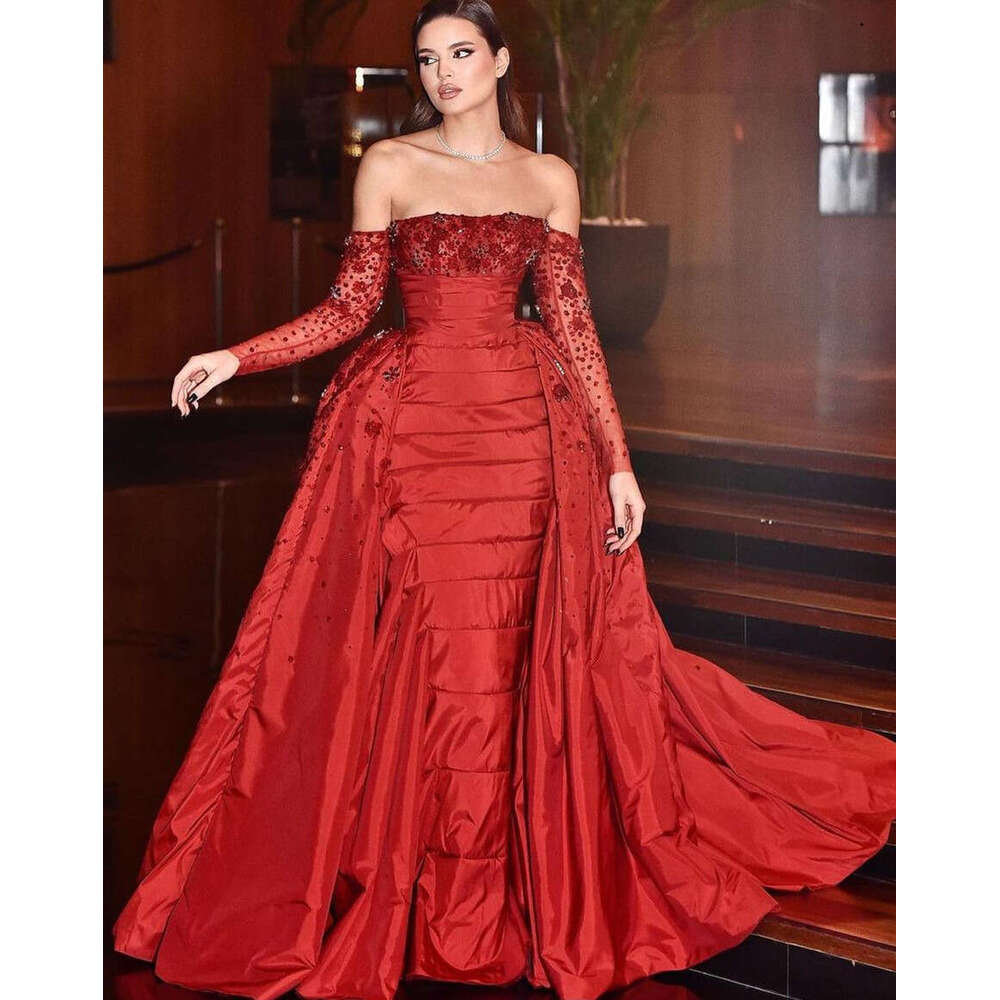 Arabic Aso Ebi Red Mermaid Prom Dresses Lace Beaded Stylish Evening Formal Party Second Reception Birthday Engagement Gowns Dress ZJ 6660306
