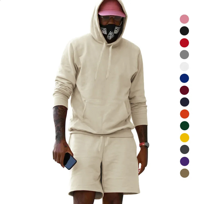 HoodedPants twopiece casual set mens Hooded long sleeved Pullover shorts sports top solid color Tracksuit 240903