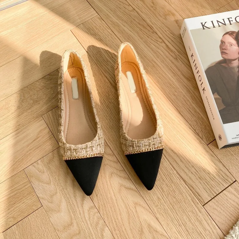 Spring and Autumn New Pointed Toe Single Shoes Shallow Mouth Slip-on Flats Metal Decoration Low-heeled Women's Shoes