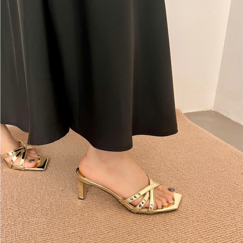 High Heel Women's Shoes Square Head Thin High Heels Cross Strap Women's Cool Slippers Sandalias Transparente Zapatos De Mujer