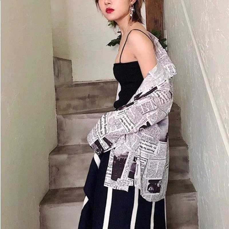 Gidyq Fashion Womens Chiffon Shirt Korean Casual spaper Printed Loose Top Bf Street Clothing Full Match 240814