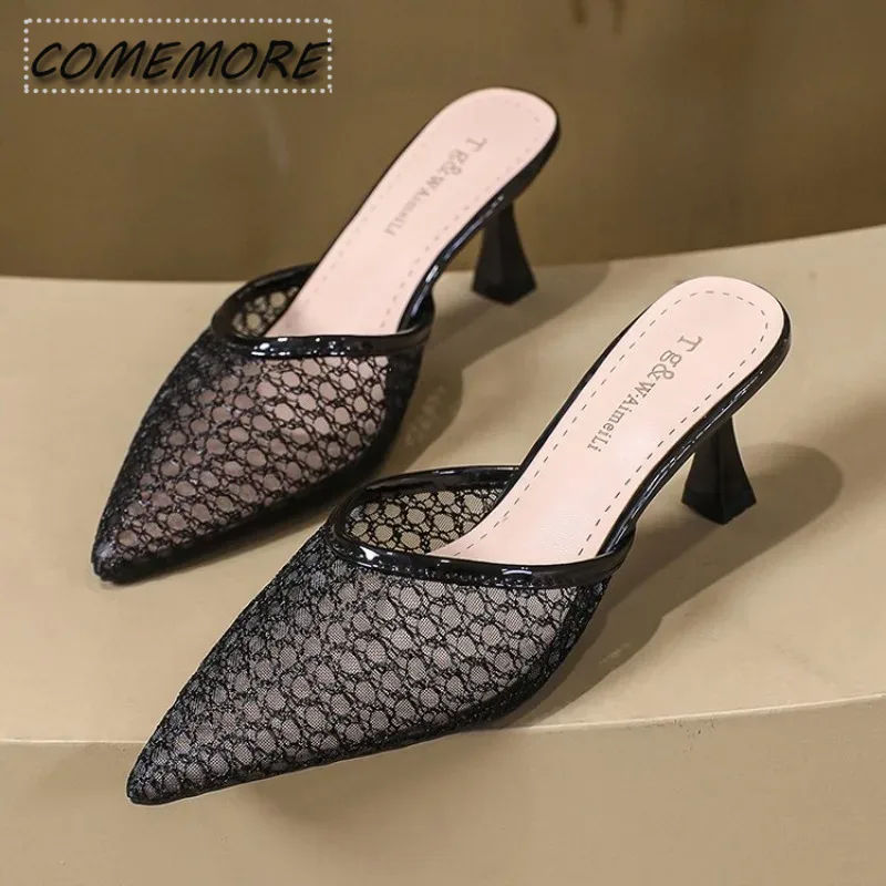 Mesh Slippers Women‘s New Summer Shoes Woman Fashion Knitted Elastic Pointed Heels Sliver Mules Shoes Designer High Heels Party